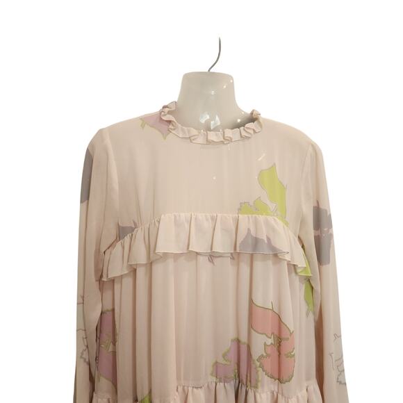 Cynthia Rowley Long Sleeve High Neck Tiered Floral Ruffle Shift Dress Pink Sze 6 - Picture 3 of 11